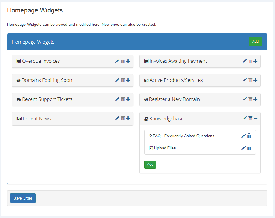 Client Area Designer For WHMCS: Homepage Widgets page with Knowledgebase widget holding FAQ and Upload Files entries