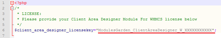 Client Area Designer For WHMCS: license.php file in a code editor with the license key entered between quotation marks