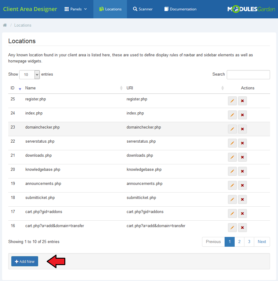 Client Area Designer For WHMCS: Locations page with the Add New button marked below the table of locations