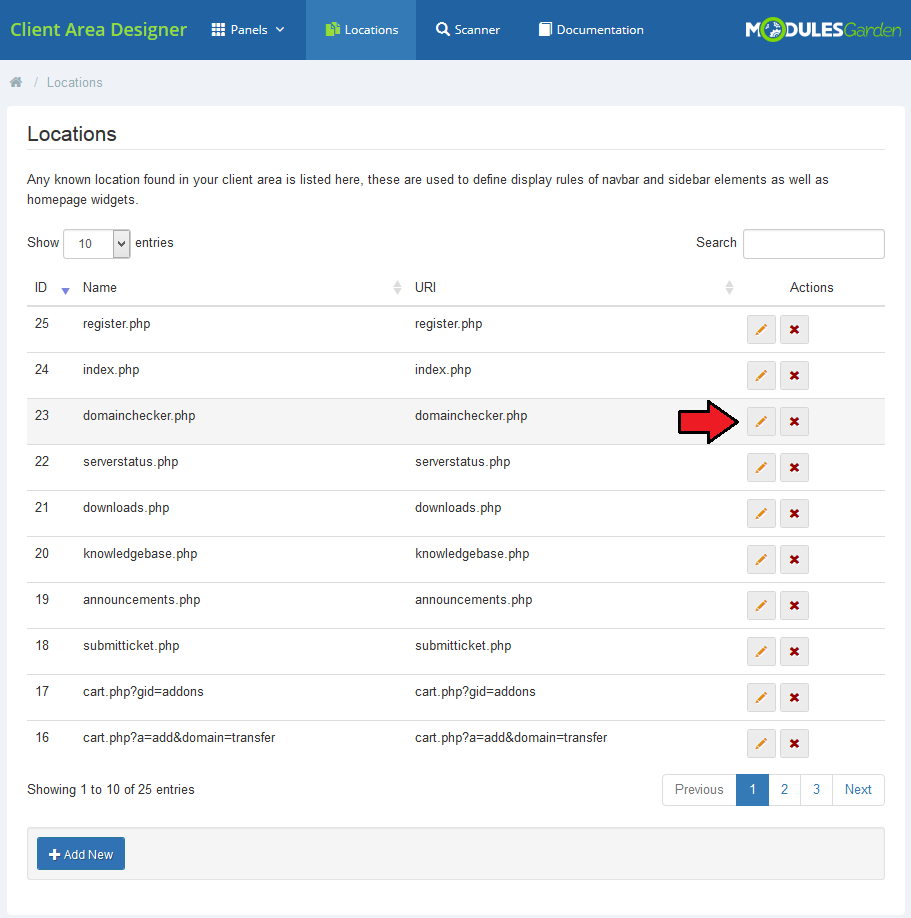 Client Area Designer For WHMCS: Locations page with the pencil edit button marked next to the domainchecker.php location