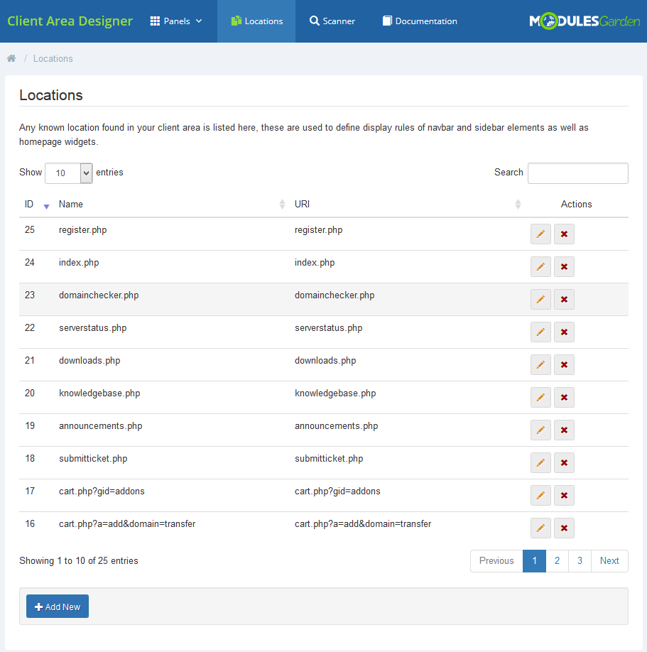 Client Area Designer For WHMCS: Locations page with the table of known client area locations, search field and Add New