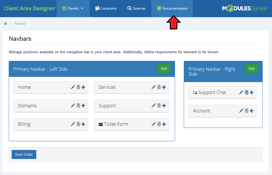 Client Area Designer For WHMCS: Navbars page with the Documentation item marked in the top menu of the module