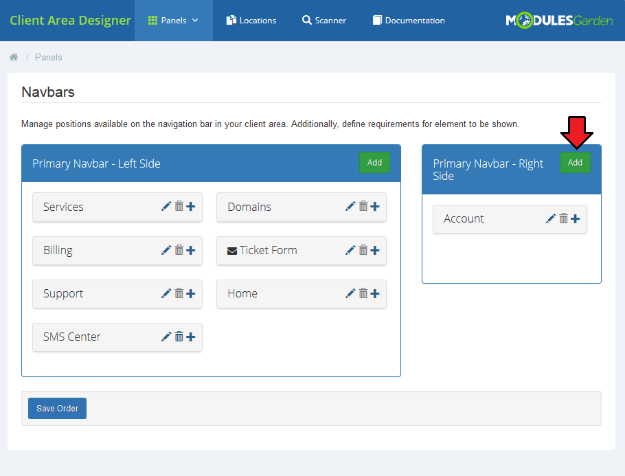 Client Area Designer For WHMCS: Navbars page with the Add button of the Primary Navbar Right Side marked by a red arrow