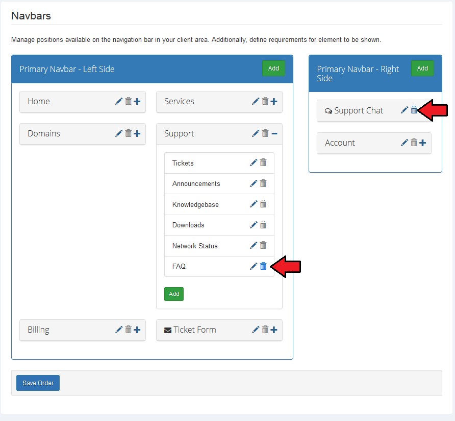 Client Area Designer For WHMCS: Navbars page with red arrows on the delete icons of the FAQ and Support Chat elements
