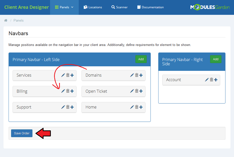 Client Area Designer For WHMCS: Navbars page with elements reordered by drag and drop and the Save Order button