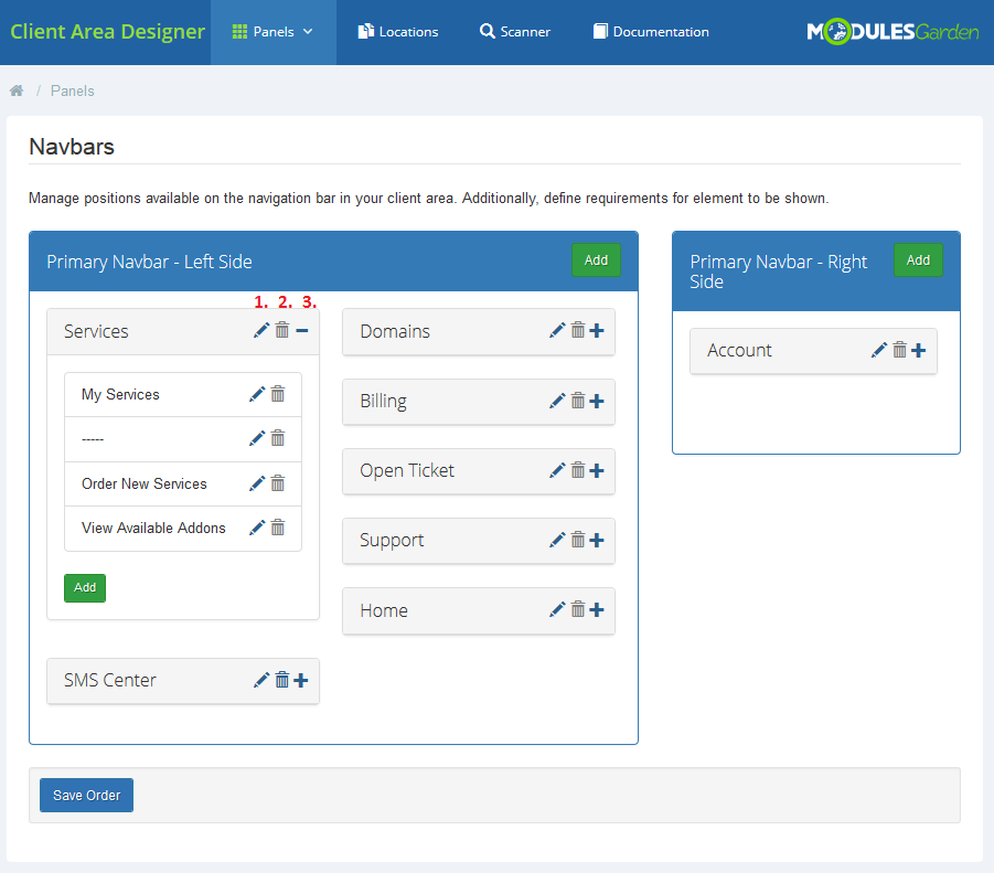 Client Area Designer For WHMCS: Navbars page with the Services element expanded and numbered edit, delete and child
