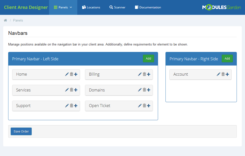 Client Area Designer For WHMCS: Navbars page with the Scanner link in the top menu and primary navbar elements