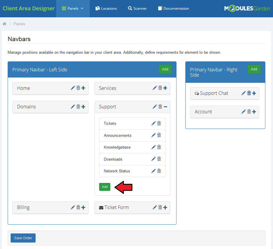 Client Area Designer For WHMCS: Navbars page with the Support element expanded and the Add child element button marked
