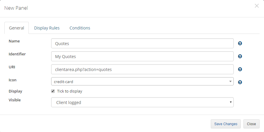 Client Area Designer For WHMCS: New Panel dialog General tab with name, identifier, URI, icon and visibility