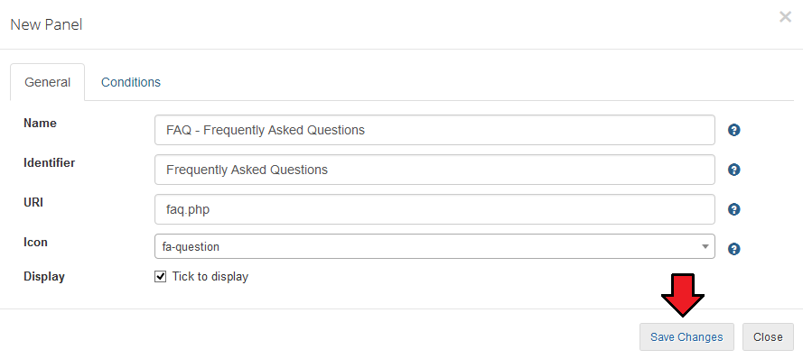 Client Area Designer For WHMCS: New child widget dialog with the FAQ name, identifier, faq.php URI and icon