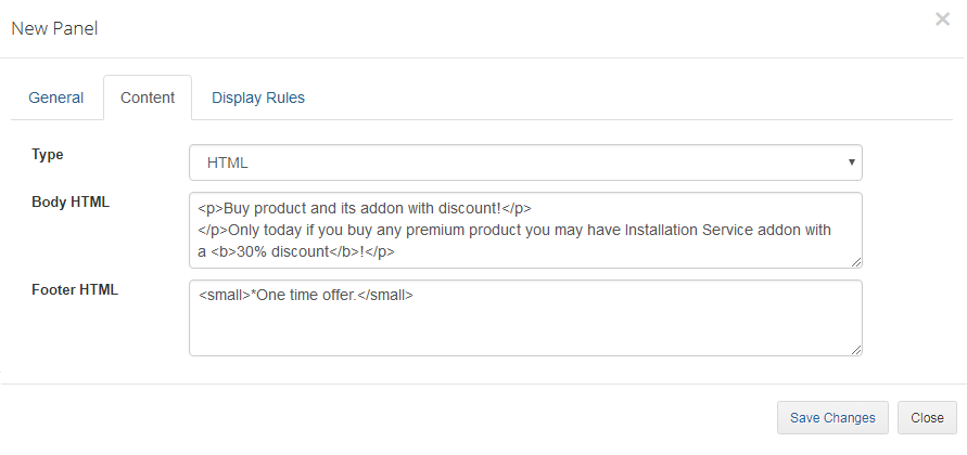 Client Area Designer For WHMCS: New Panel dialog, Content tab with HTML type and filled Body HTML and Footer HTML fields