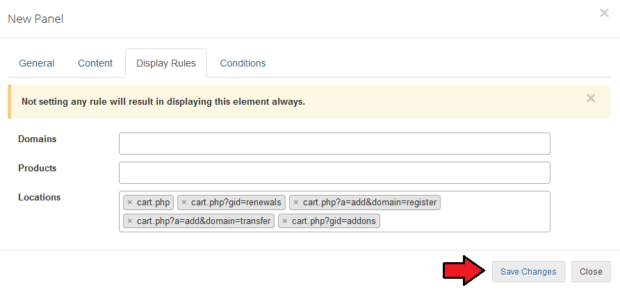 Client Area Designer For WHMCS: New Panel dialog, Display Rules tab with Domains, Products and Locations fields