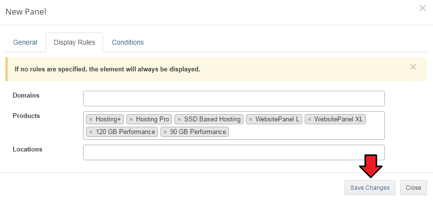 Client Area Designer For WHMCS: New Panel dialog, Display Rules tab with selected products and the Save Changes button