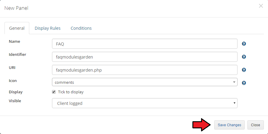 Client Area Designer For WHMCS: New Panel dialog, General tab for the FAQ child element visible to logged in clients