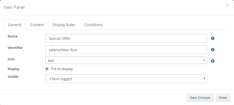Client Area Designer For WHMCS: New Panel dialog, General tab for the Special Offer sidebar panel with bell icon