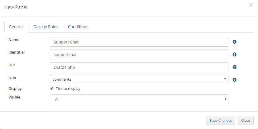 Client Area Designer For WHMCS: New Panel dialog, General tab for the Support Chat element with URI, icon and visibility