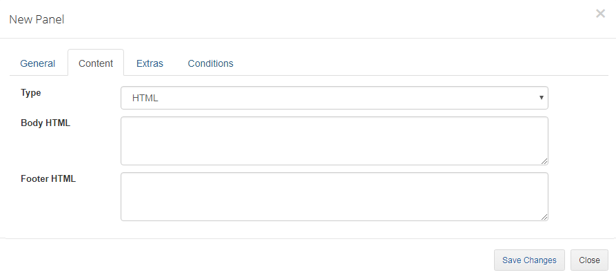 Client Area Designer For WHMCS: New widget dialog, Content tab with the HTML type and empty Body and Footer fields