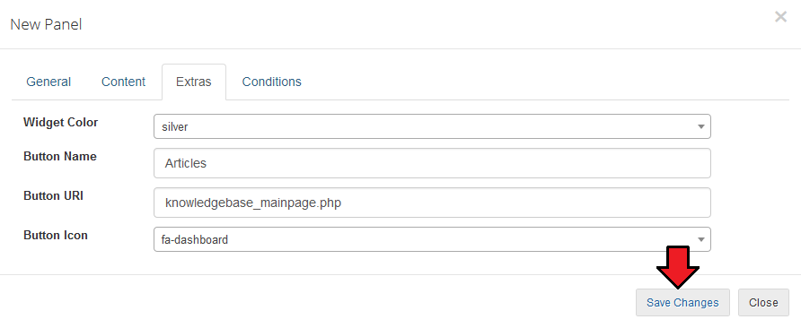 Client Area Designer For WHMCS: New widget dialog, Extras tab with widget color and Articles button name, URI, icon