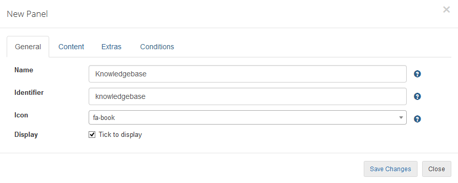 Client Area Designer For WHMCS: New widget dialog, General tab with the Knowledgebase name, identifier and icon
