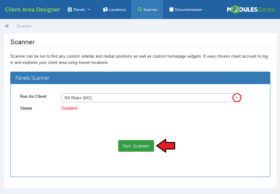 Client Area Designer For WHMCS: Scanner page with the Run As Client drop-down list and the Run Scanner button marked