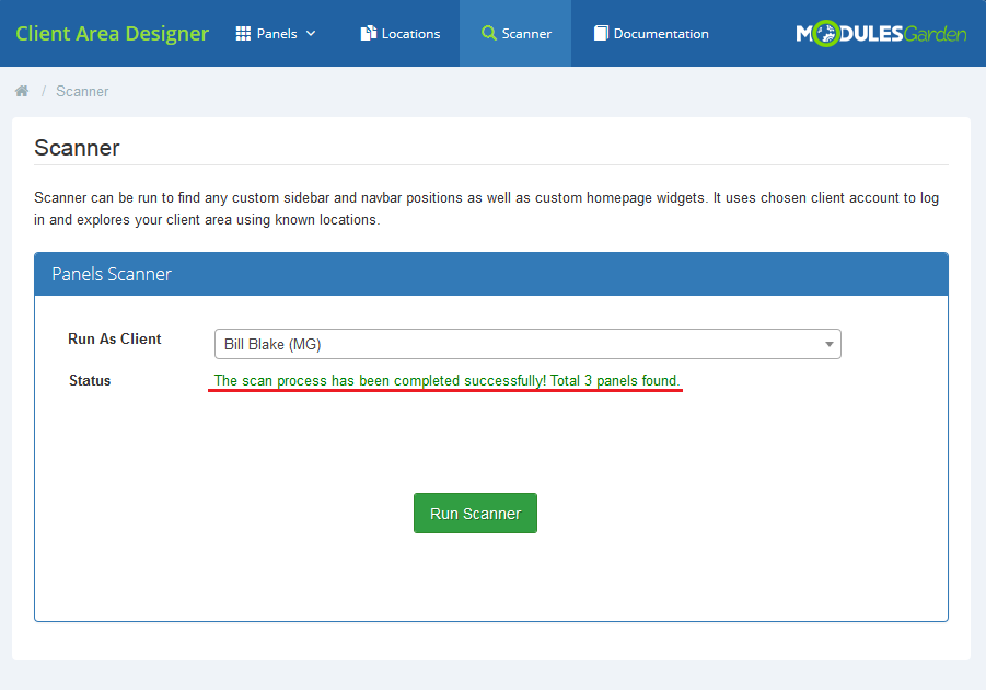 Client Area Designer For WHMCS: Scanner page with the green status message that the scan completed and 3 panels were