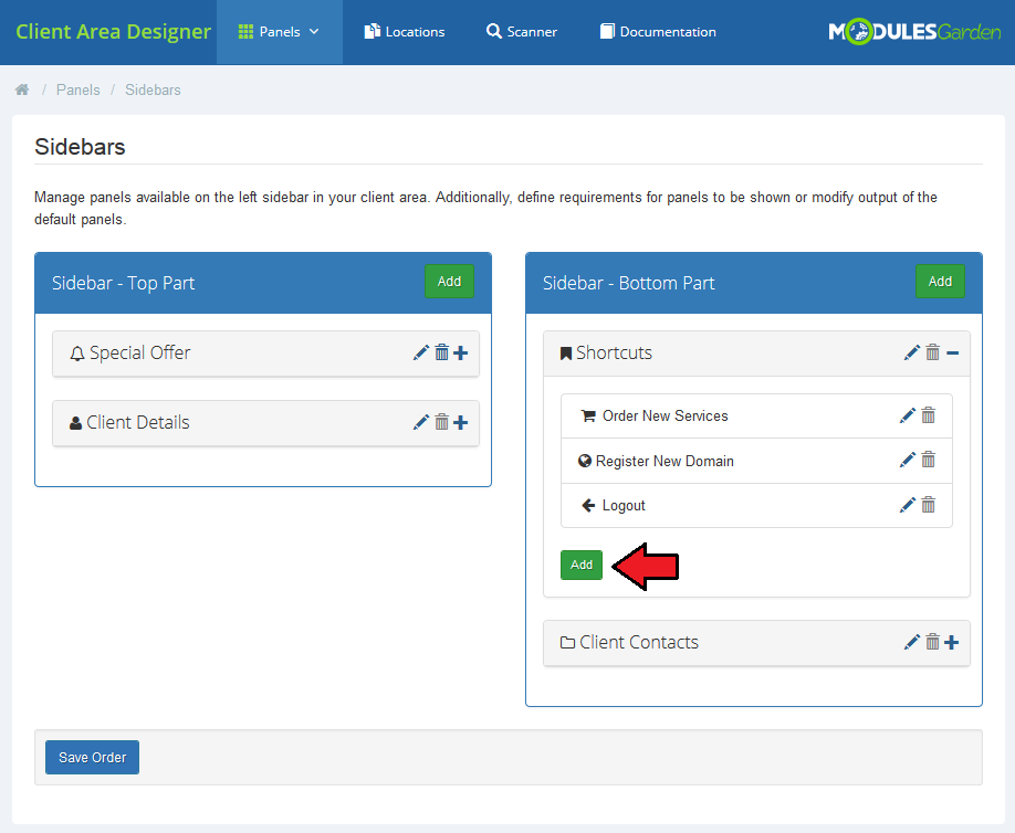 Client Area Designer For WHMCS: Sidebars page with the Shortcuts panel expanded and the Add button for a new child