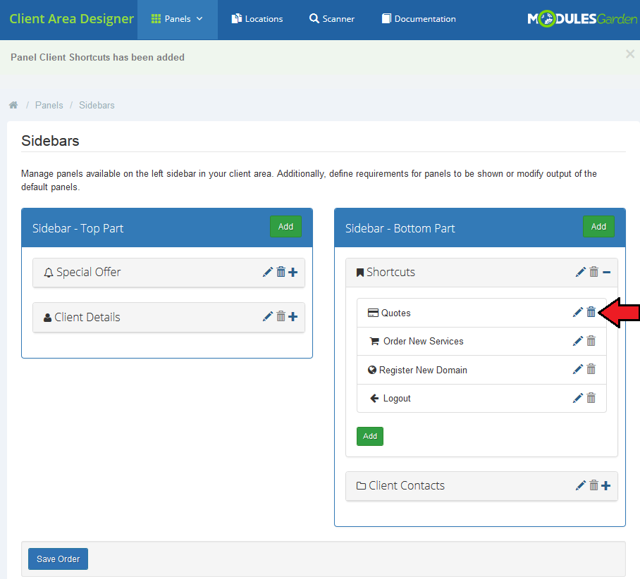 Client Area Designer For WHMCS: Sidebars page with the new Quotes child element in Shortcuts and the delete icon marked