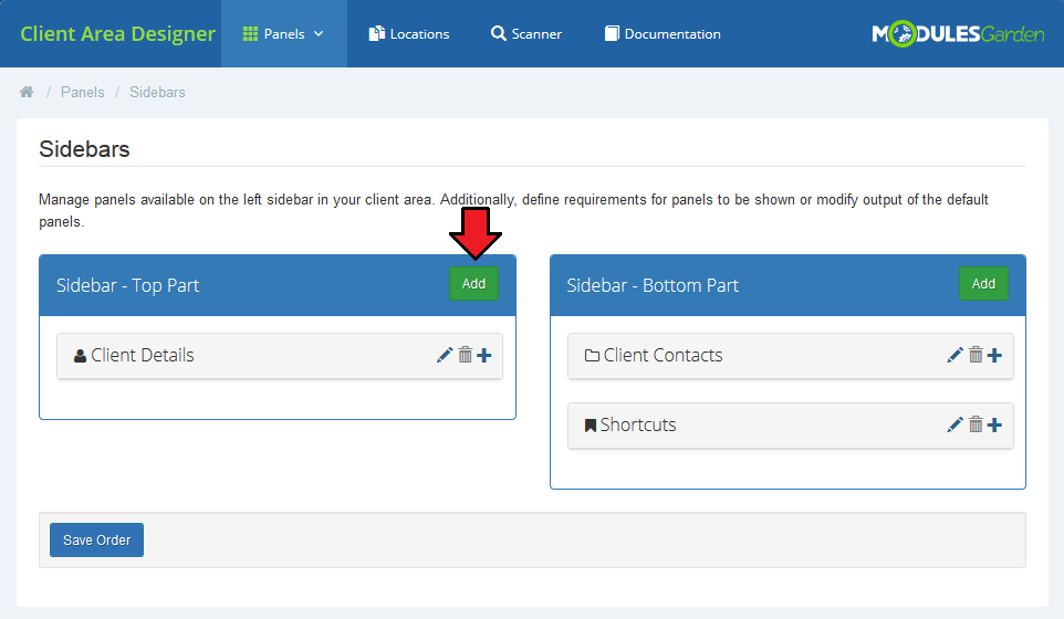 Client Area Designer For WHMCS: Sidebars page with the Add button of the Sidebar Top Part marked by a red arrow