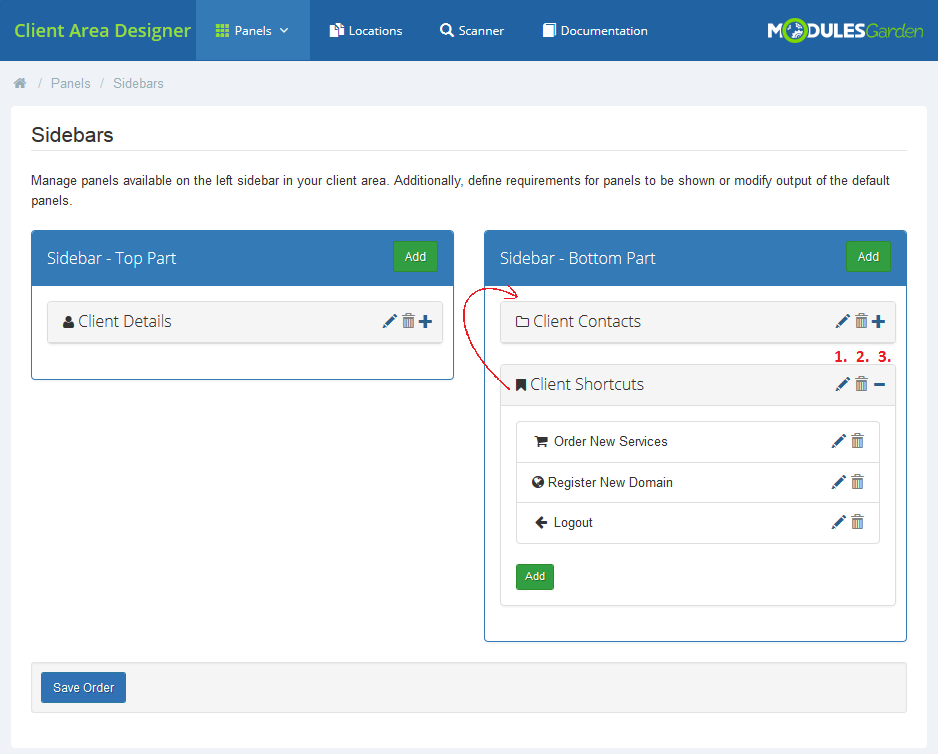 Client Area Designer For WHMCS: Sidebars page with the Client Shortcuts panel expanded and numbered edit, delete, child