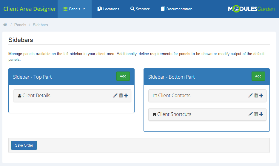 Client Area Designer For WHMCS: Sidebars page with Top Part and Bottom Part holding Client Details, Contacts and