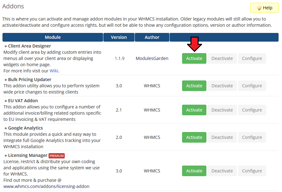 Client Area Designer For WHMCS: WHMCS Addon Modules list with the Activate button next to Client Area Designer