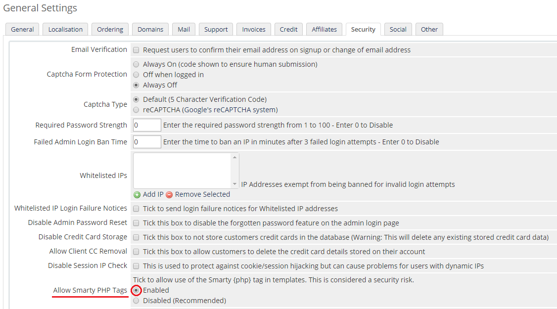Client Area Designer For WHMCS: WHMCS admin General Settings, Security tab with Allow Smarty PHP Tags set to Enabled