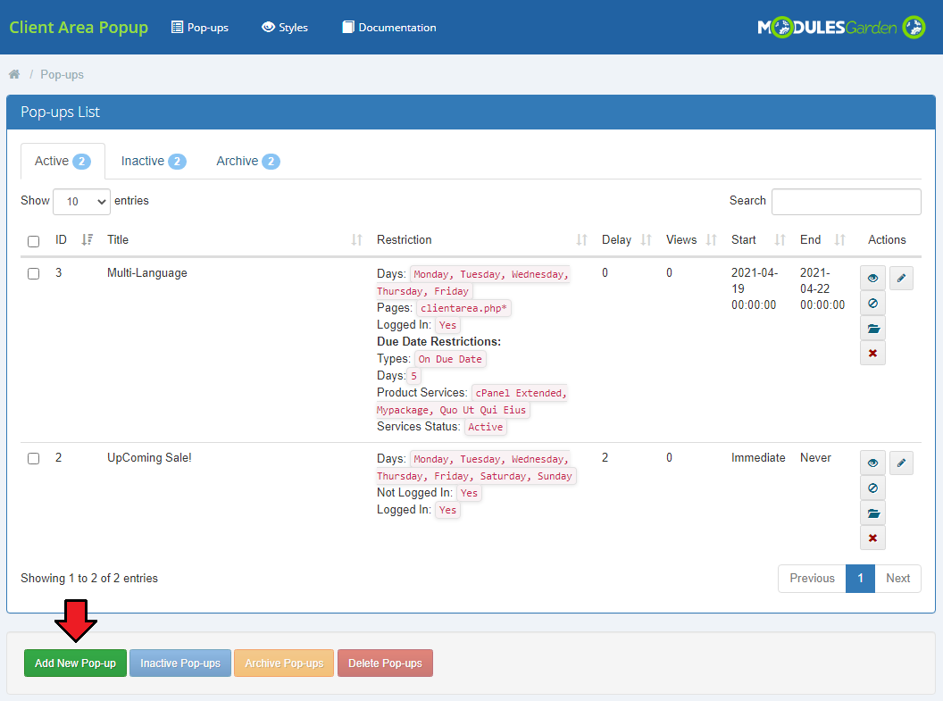 Client Area Popup For WHMCS: Pop-ups list in the module with the Add New Pop-up button highlighted