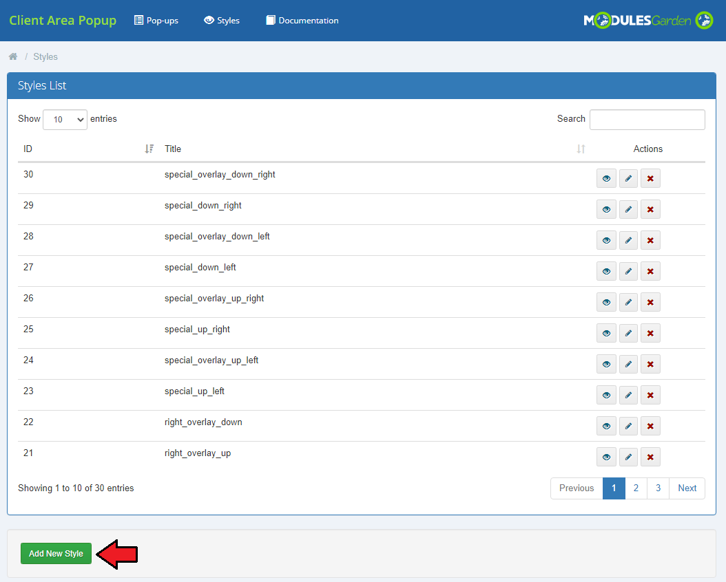 Client Area Popup For WHMCS: Styles list with the Add New Style button highlighted
