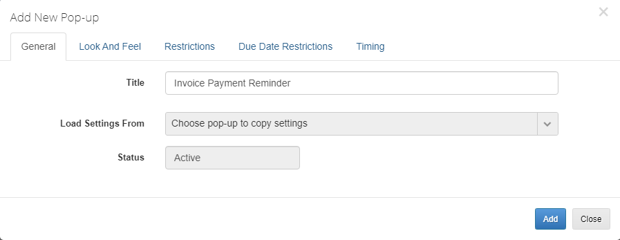 Client Area Popup For WHMCS: Add New Pop-up dialog on the General tab with title, Load Settings From and Active status