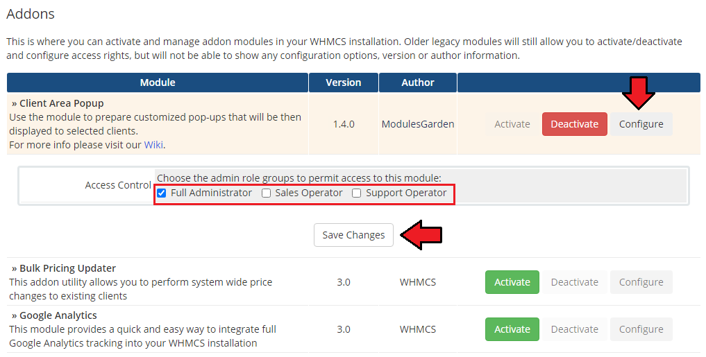 Client Area Popup For WHMCS: WHMCS Addon Modules with Configure opened, Full Administrator ticked and Save Changes