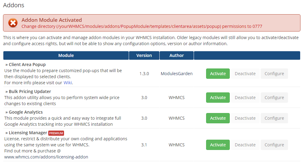 Client Area Popup For WHMCS: WHMCS Addon Modules page with an error about the popup assets directory permissions