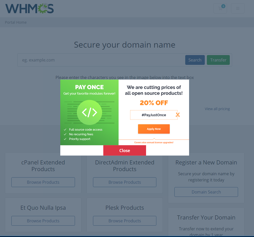 Client Area Popup For WHMCS: WHMCS client area page with an image pop-up over a gray overlay and a Close button