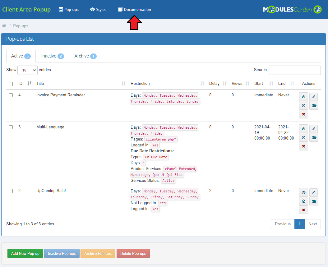 Client Area Popup For WHMCS: module Pop-ups list with the Documentation menu item in the top navigation marked