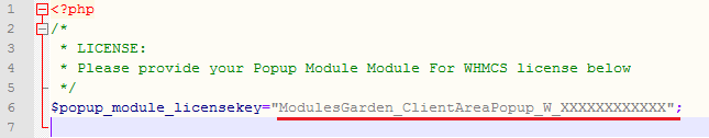 Client Area Popup For WHMCS: license.php file in a text editor with the license key entered between quotation marks