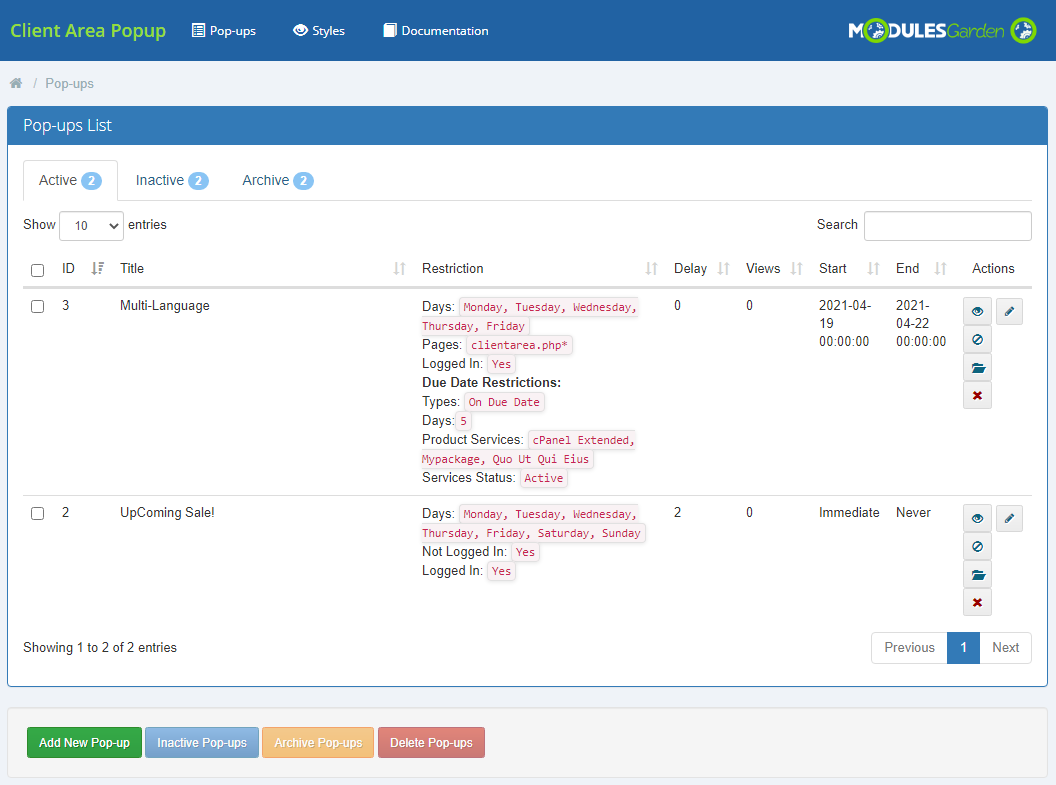 Client Area Popup For WHMCS: module Pop-ups list in the WHMCS admin area with active pop-ups, Styles and Documentation