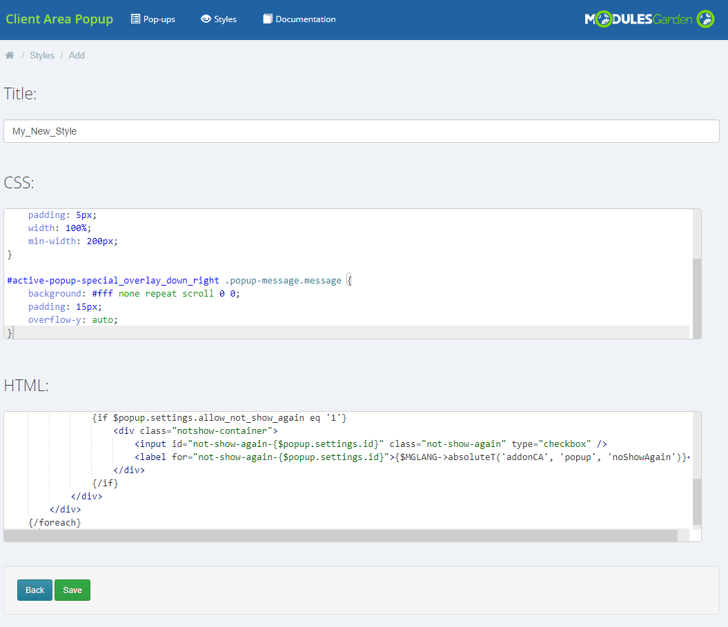 Client Area Popup For WHMCS: Add style page with the My_New_Style title, CSS and HTML fields and the Save button