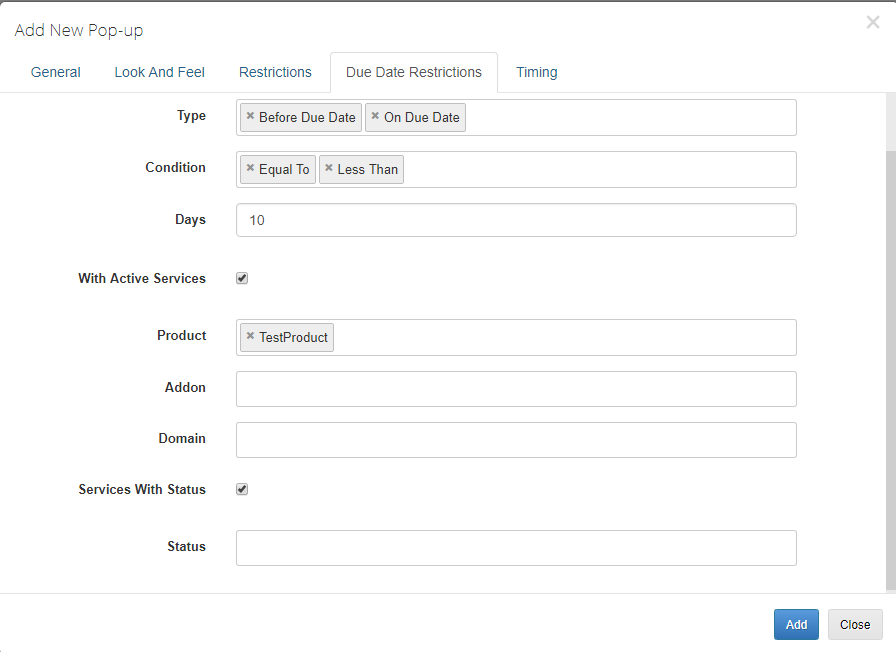 Client Area Popup For WHMCS: Due Date Restrictions tab with active services and services with status options selected