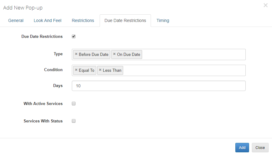 Client Area Popup For WHMCS: Due Date Restrictions tab with Before Due Date, On Due Date, Equal To, Less Than and 10