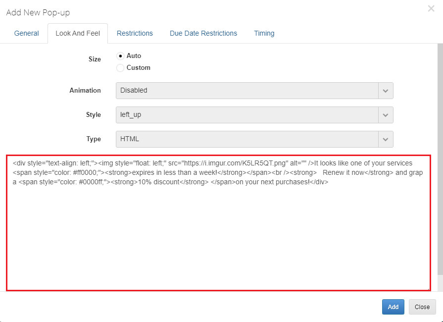 Client Area Popup For WHMCS: Look And Feel tab with the HTML type selected and a code snippet entered in the content