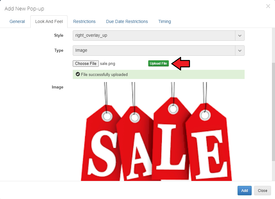 Client Area Popup For WHMCS: Look And Feel tab with the Image type, a sale.png file uploaded and the Upload File button