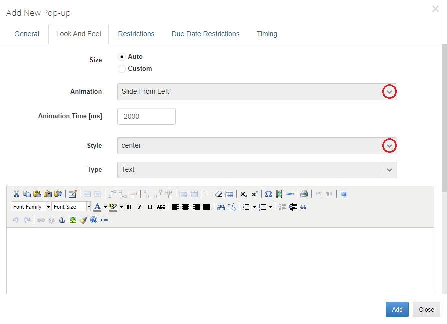 Client Area Popup For WHMCS: Add New Pop-up dialog on the Look And Feel tab with size, animation, style and Text type