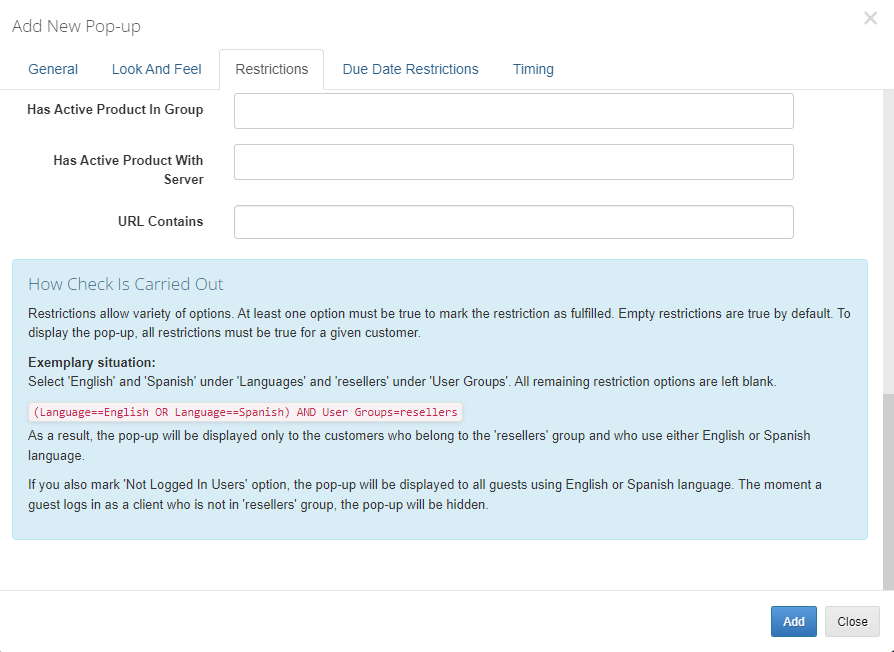 Client Area Popup For WHMCS: lower part of the Restrictions tab with the How Check Is Carried Out explanation box
