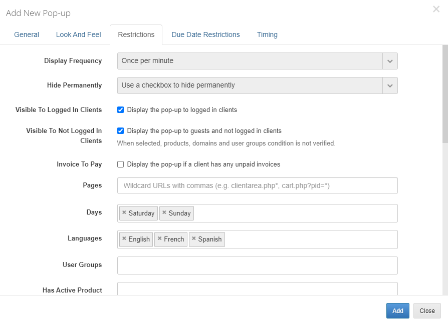 Client Area Popup For WHMCS: Restrictions tab with display frequency, logged in options, pages, days and languages