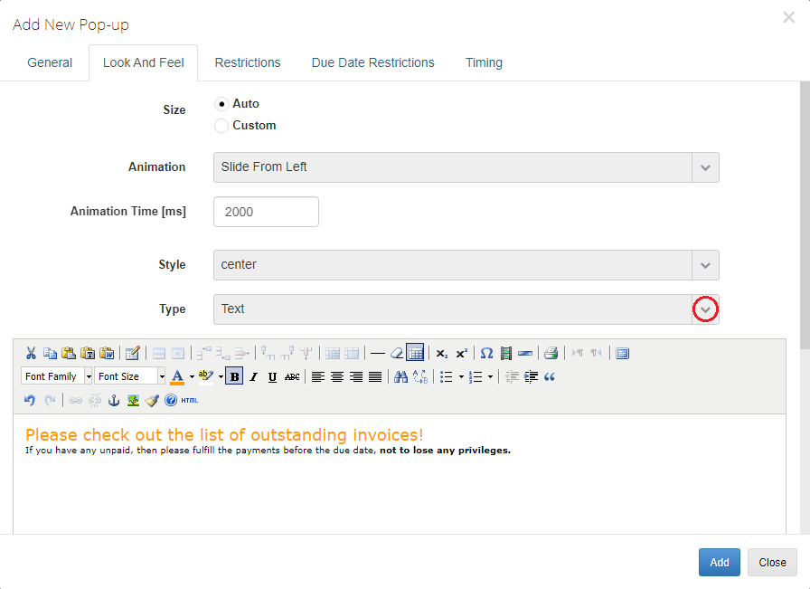 Client Area Popup For WHMCS: Look And Feel tab with a Text type pop-up filled in the WYSIWYG editor and the Type list